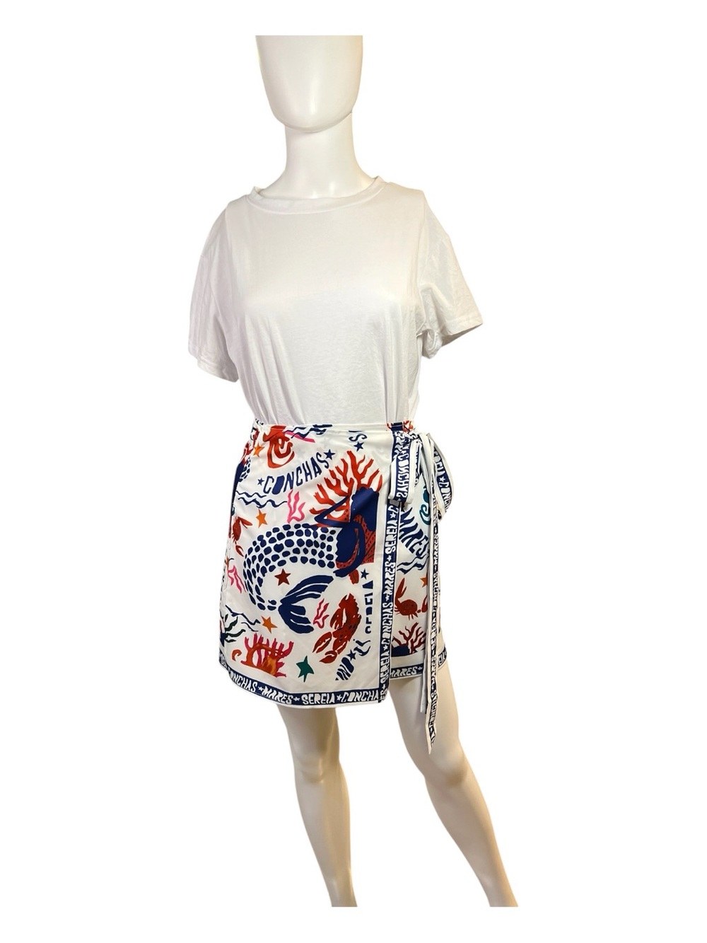 NWOT Tropical Ocean Graphic Wrap Mini Skirt Marine Life Print | Size S